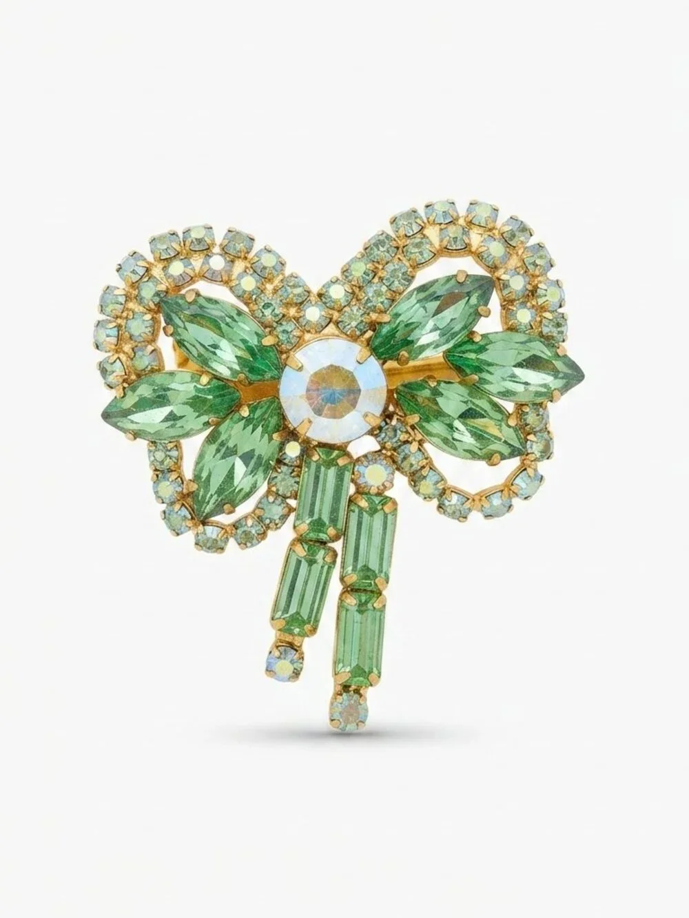 Vintage Green Rhinestone Bow Brooch | Retro Crystal Ribbon Lapel Pin with Aurora